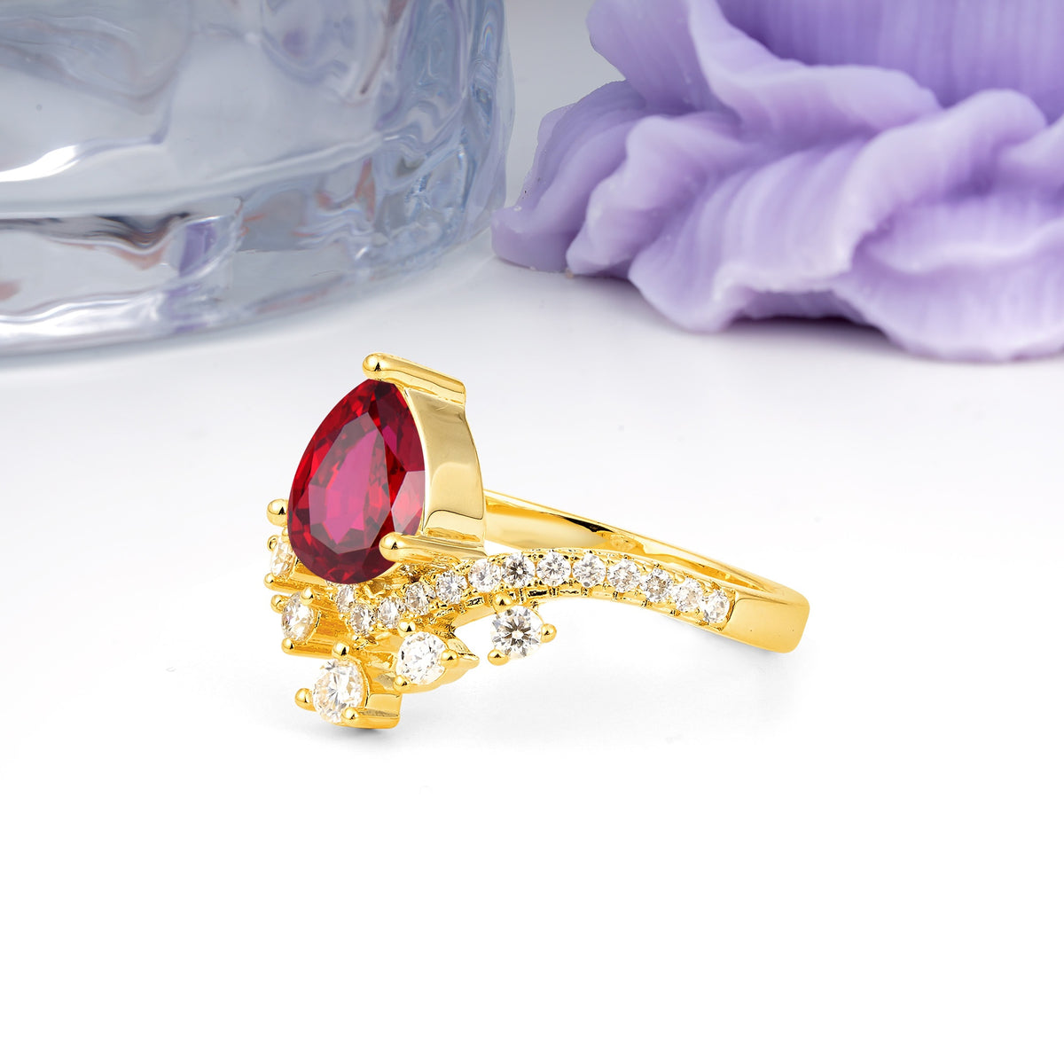 Luxurious and Unique Crown Style 3 Prong Pear Cut Ruby Engagement Ring - Additional view