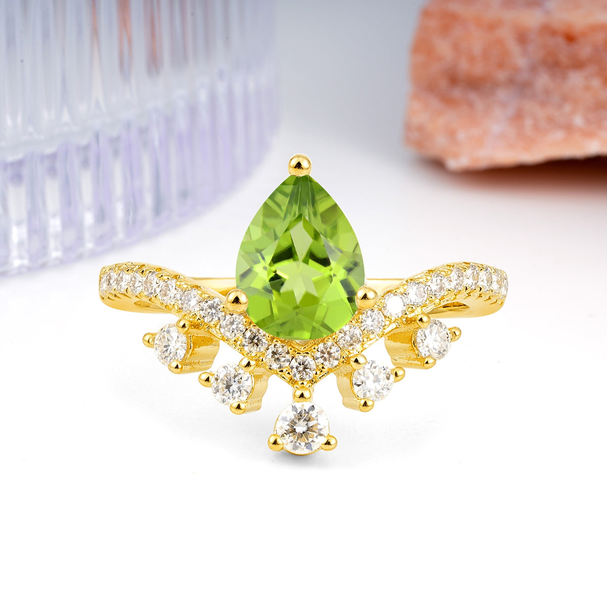 Luxurious and Unique Crown Style 3 Prong Pear Cut Peridot Engagement Ring - Additional view