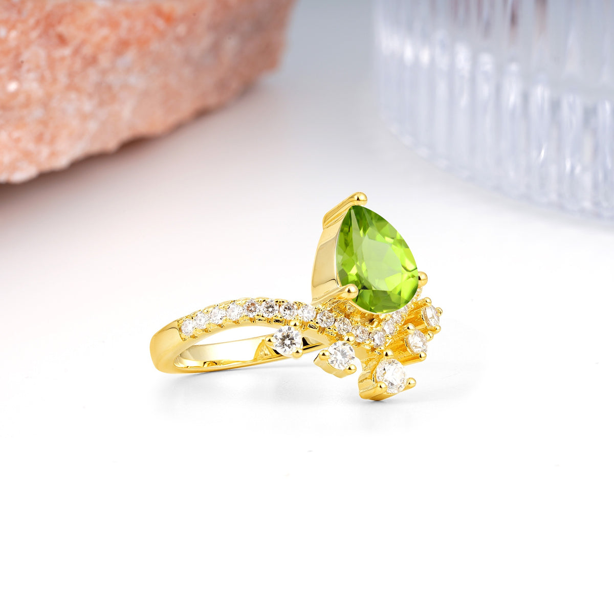 Luxurious and Unique Crown Style 3 Prong Pear Cut Peridot Engagement Ring - Additional view