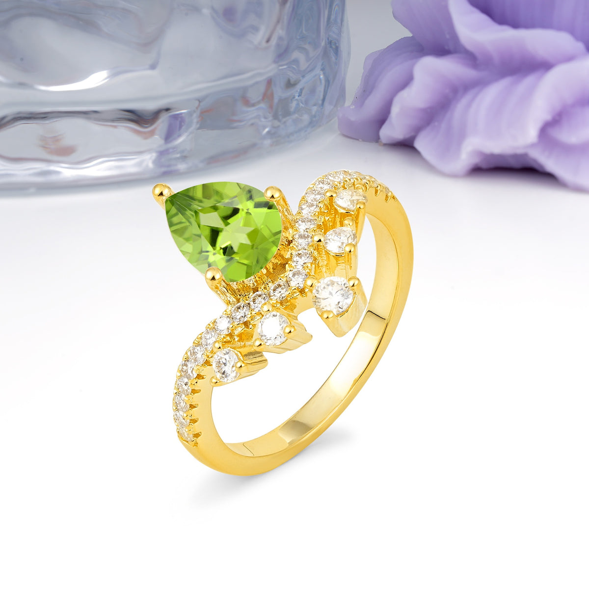 Luxurious and Unique Crown Style 3 Prong Pear Cut Peridot Engagement Ring - Additional view