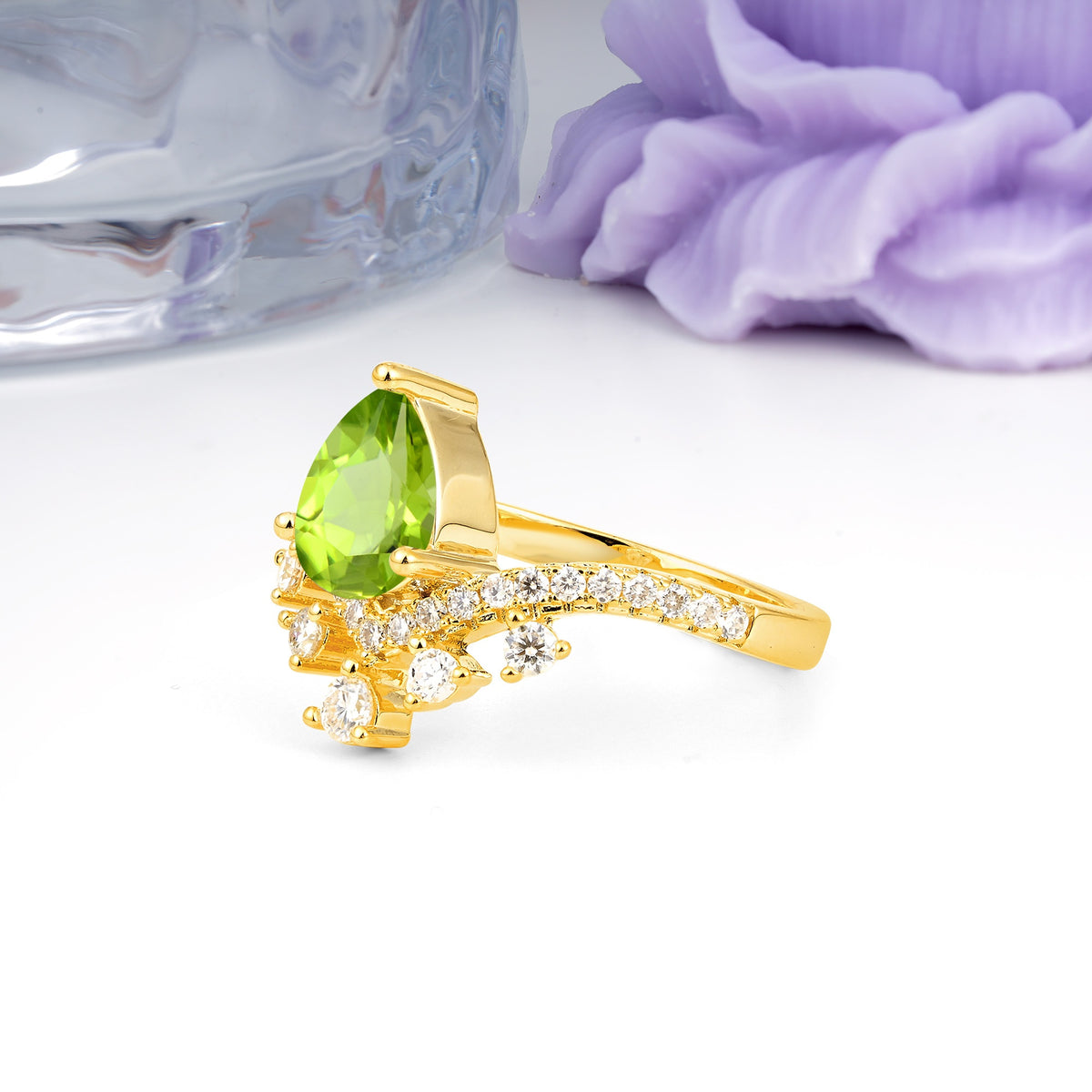 Luxurious and Unique Crown Style 3 Prong Pear Cut Peridot Engagement Ring - Additional view
