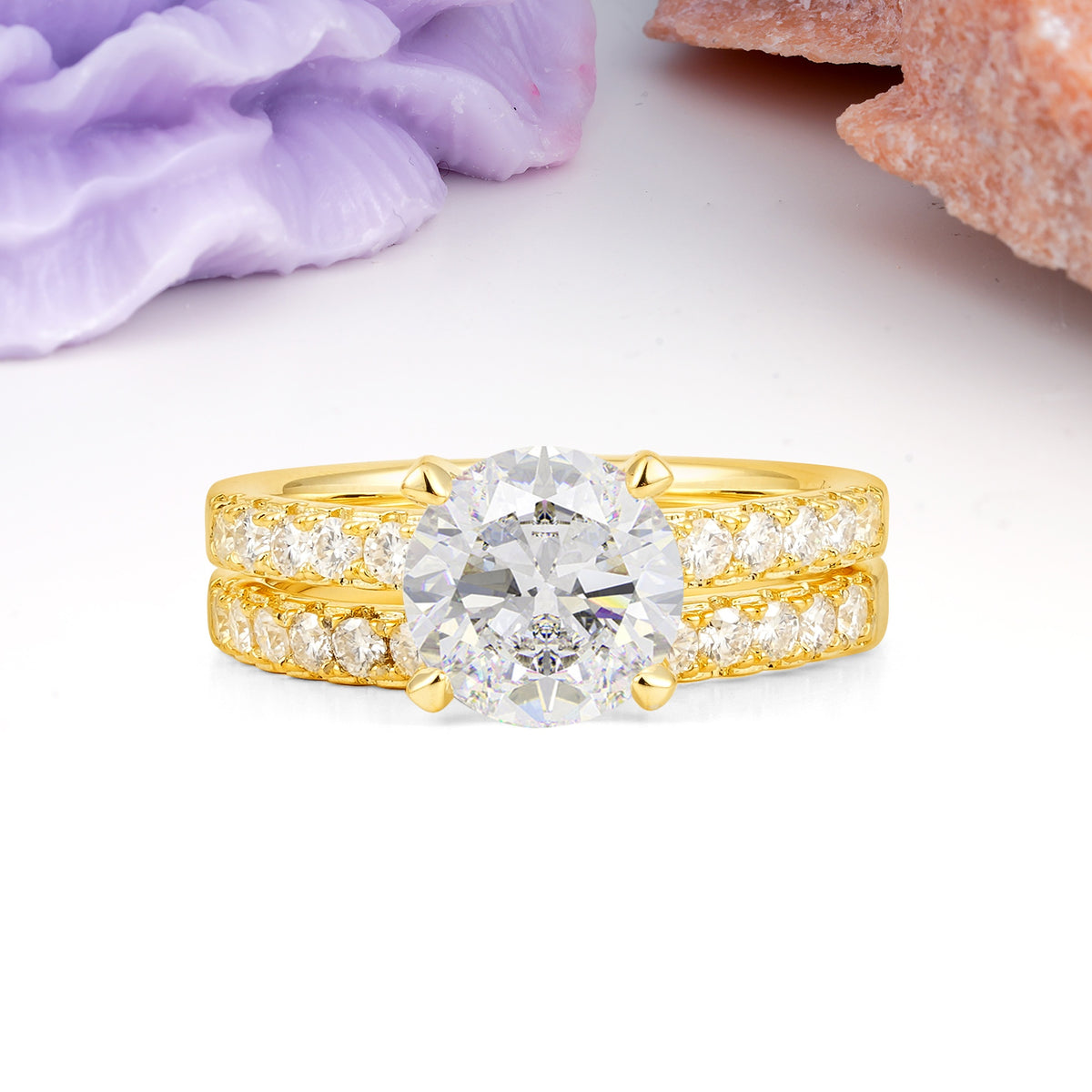 Luxurious and Dazzling 4 Prong Round Cut Moissanite Bridal Ring Set - Yellow-Gold