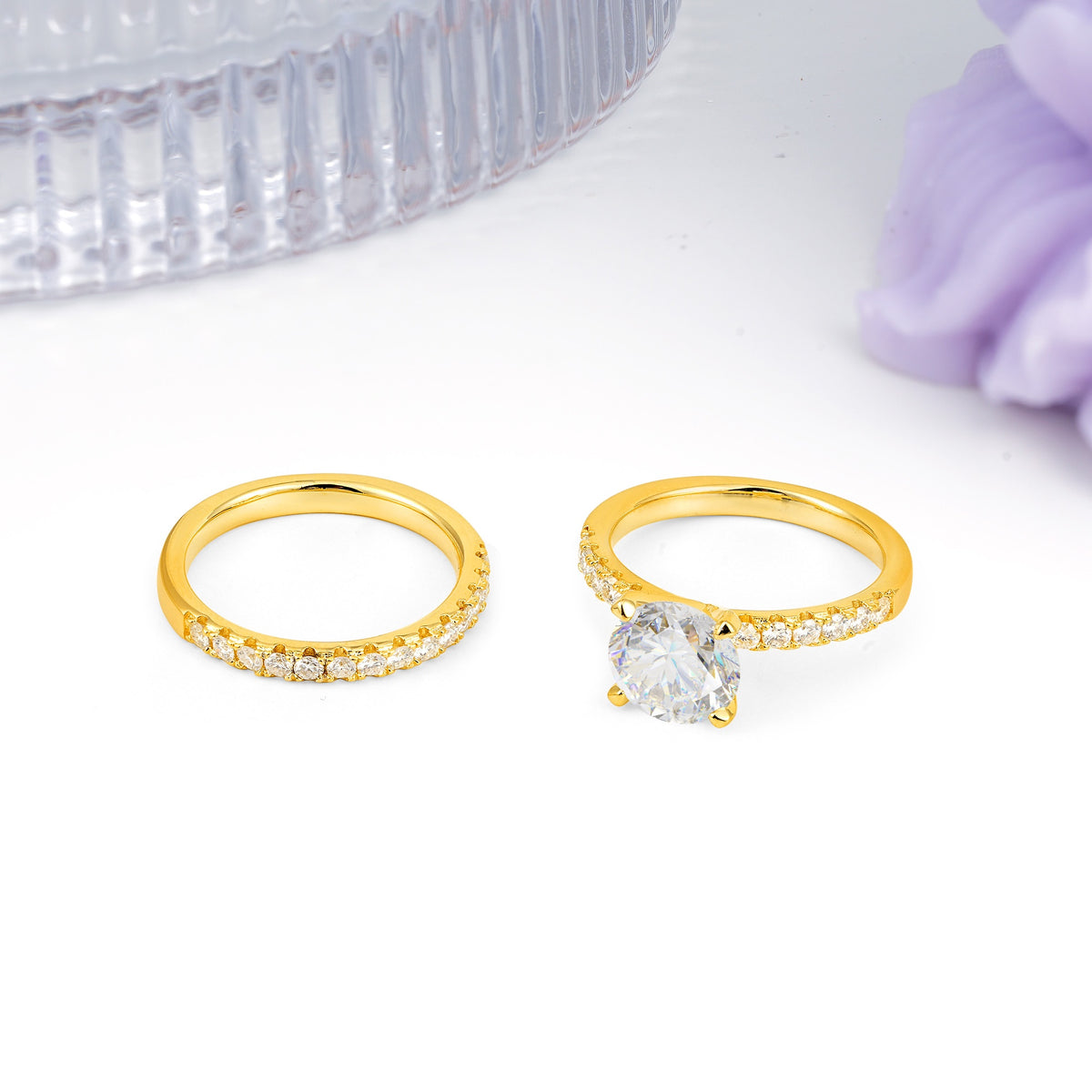 Luxurious and Dazzling 4 Prong Round Cut Moissanite Bridal Ring Set - White-Gold