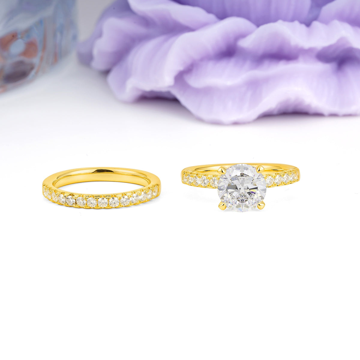 Luxurious and Dazzling 4 Prong Round Cut Moissanite Bridal Ring Set - Additional view