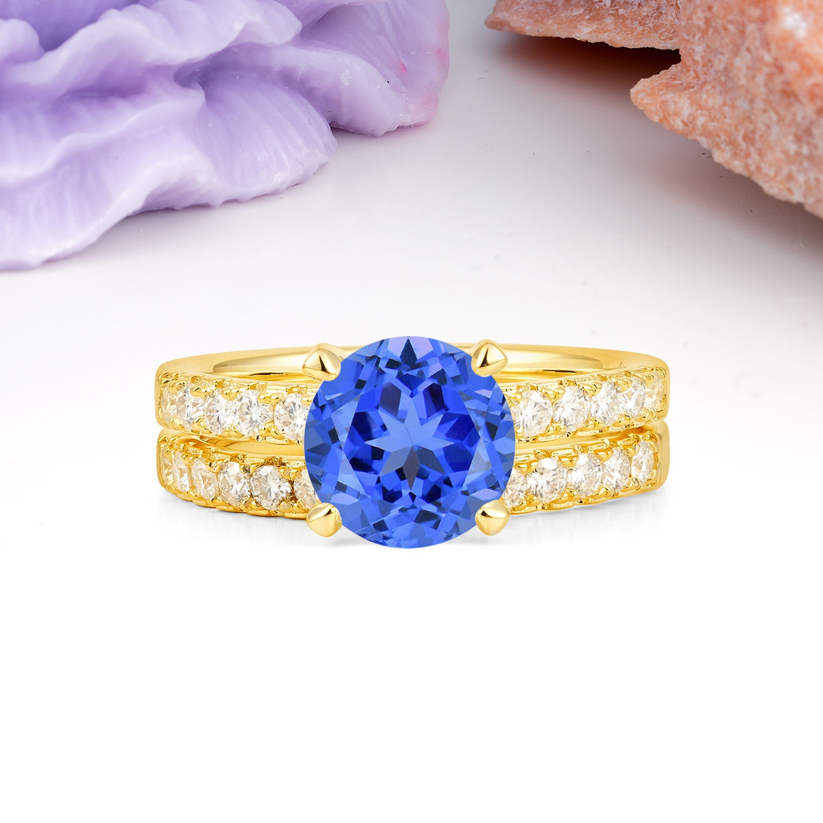 Luxurious and Dazzling 4 Prong Round Cut Sapphire Bridal Ring Set - Yellow-Gold
