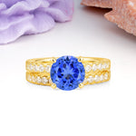Luxurious and Dazzling 4 Prong Round Cut Sapphire Bridal Ring Set - Yellow-Gold