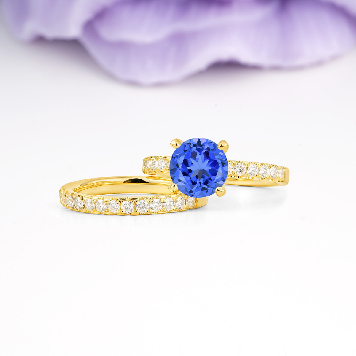 Luxurious and Dazzling 4 Prong Round Cut Sapphire Bridal Ring Set - Rose-Gold