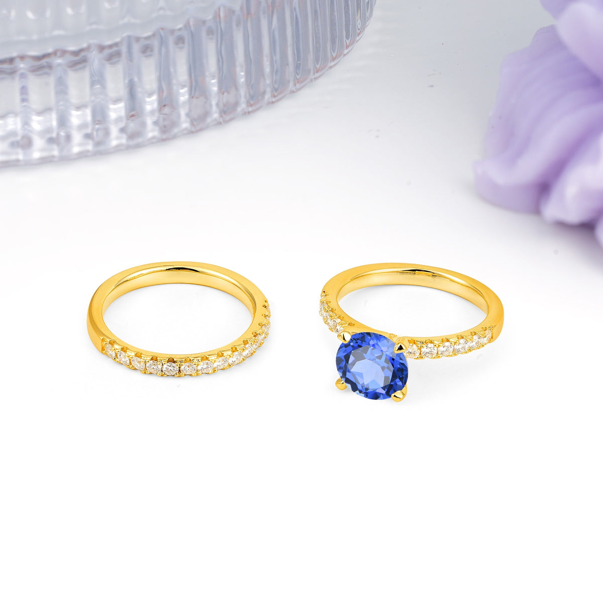 Luxurious and Dazzling 4 Prong Round Cut Sapphire Bridal Ring Set - White-Gold