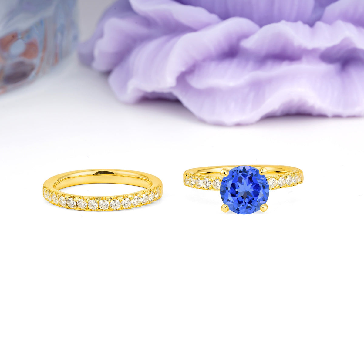 Luxurious and Dazzling 4 Prong Round Cut Sapphire Bridal Ring Set - Additional view