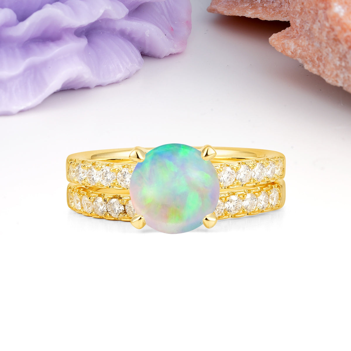 Luxurious and Dazzling 4 Prong Round Cut Fire Opal Bridal Ring Set - Yellow-Gold