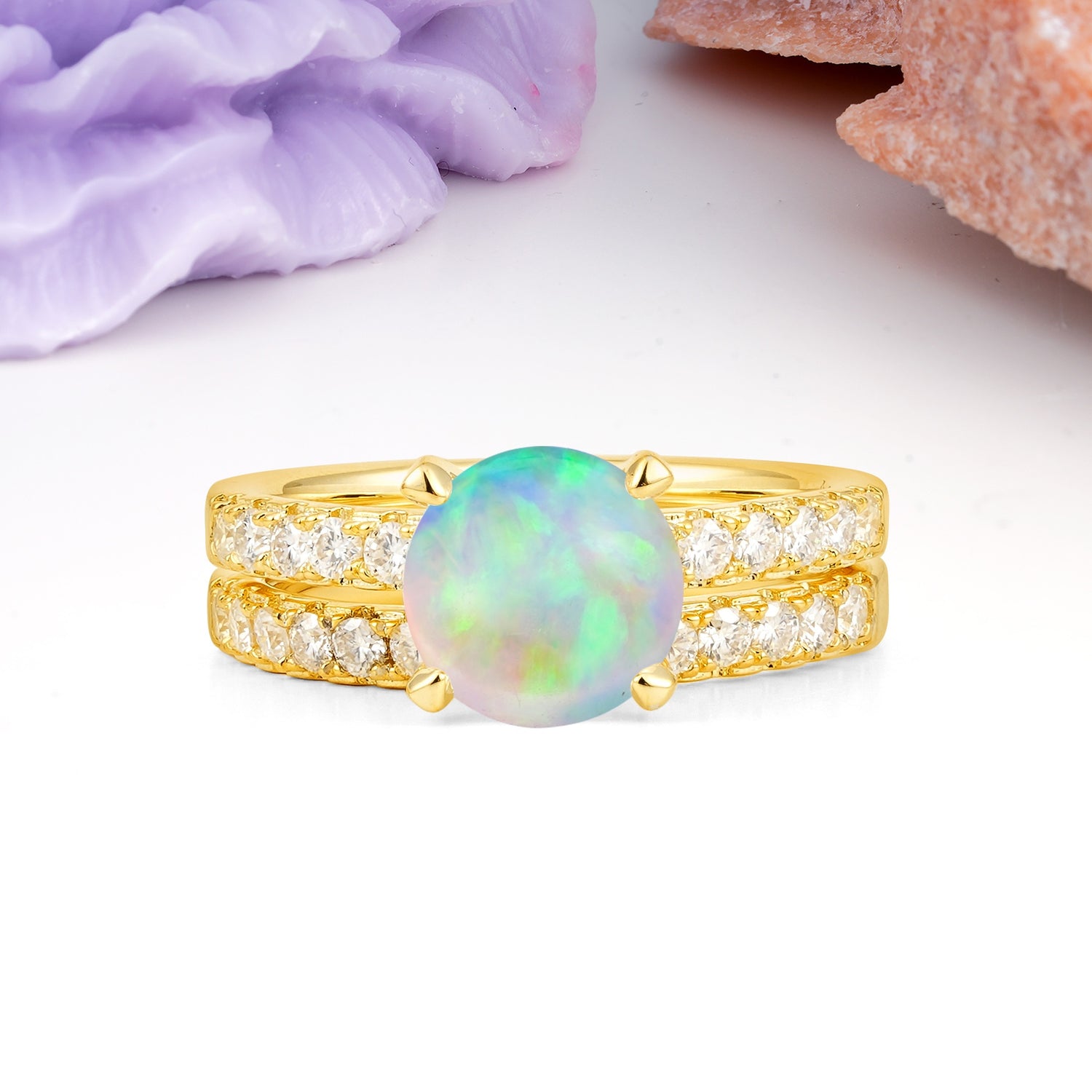 Luxurious and Dazzling 4 Prong Round Cut Fire Opal Bridal Ring Set - Yellow-Gold