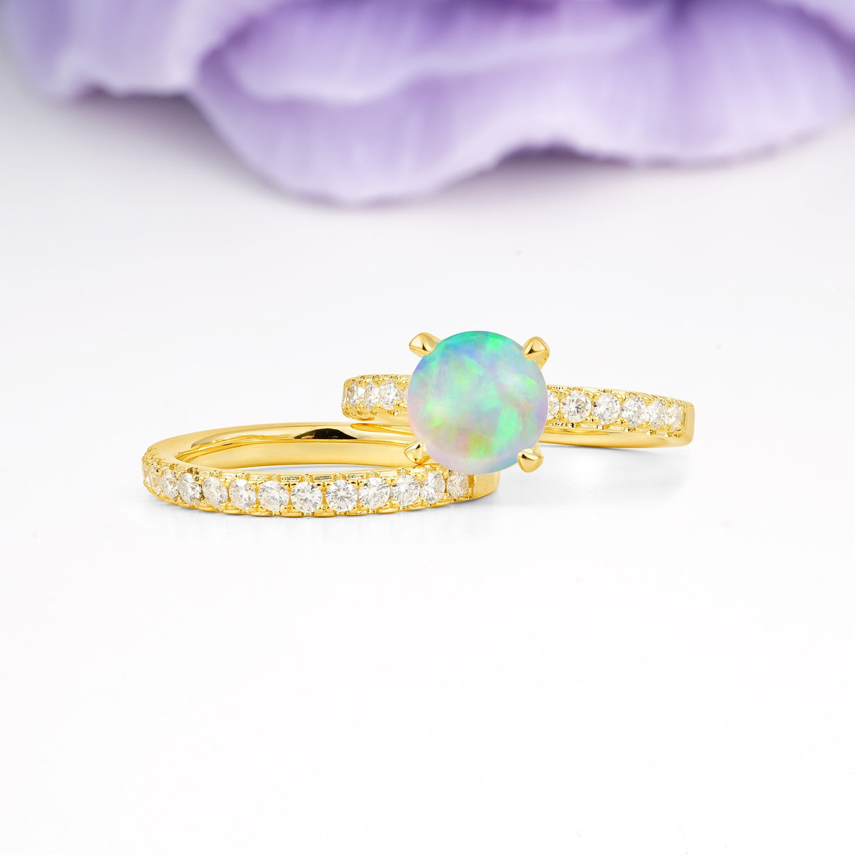 Luxurious and Dazzling 4 Prong Round Cut Fire Opal Bridal Ring Set - Rose-Gold
