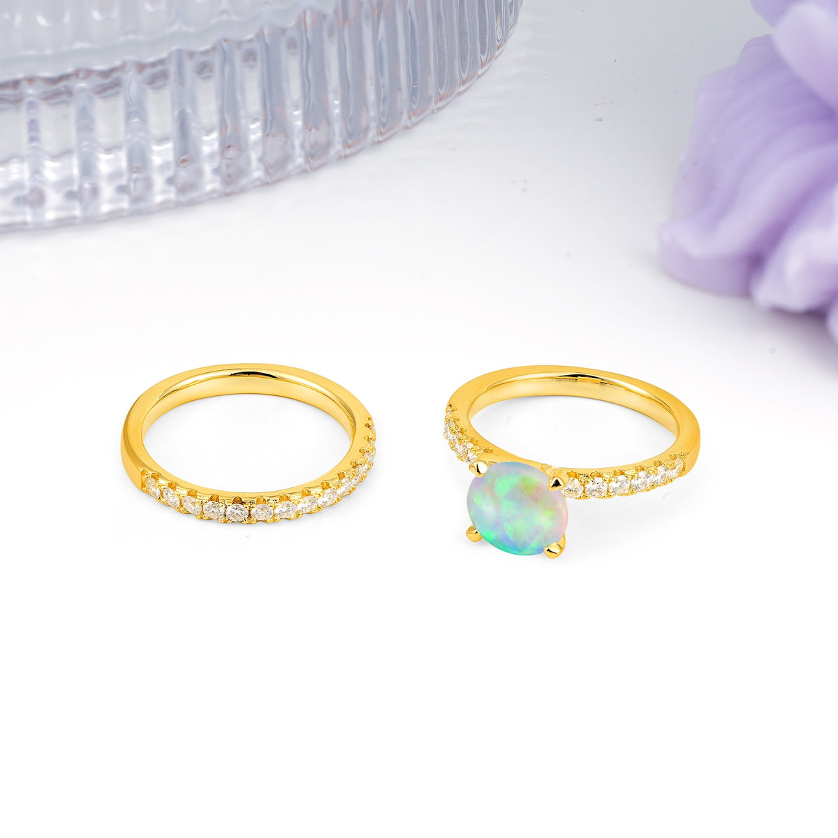 Luxurious and Dazzling 4 Prong Round Cut Fire Opal Bridal Ring Set - White-Gold