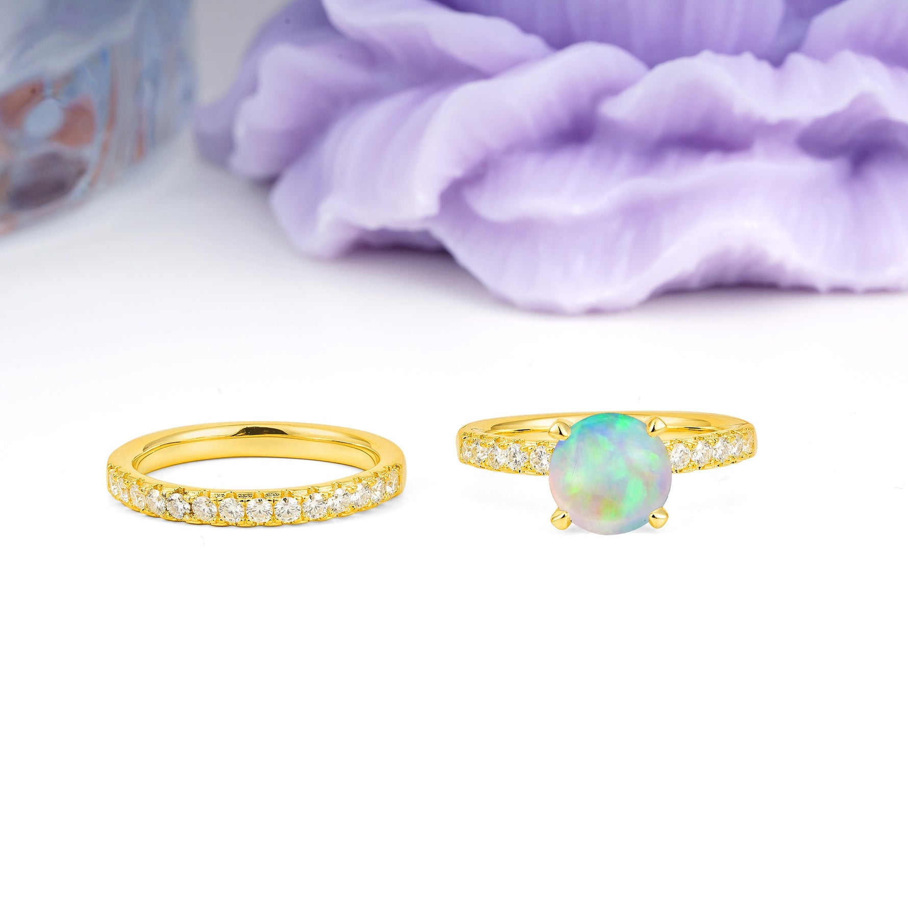 Luxurious and Dazzling 4 Prong Round Cut Fire Opal Bridal Ring Set - Additional view