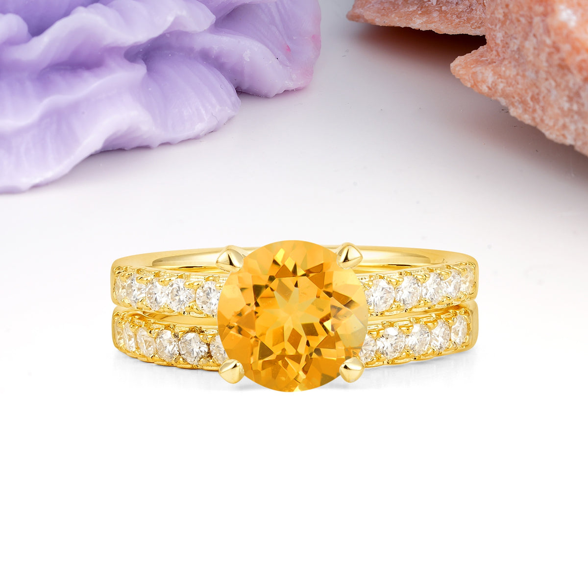 Luxurious and Dazzling 4 Prong Round Cut Citrine Bridal Ring Set - Yellow-Gold