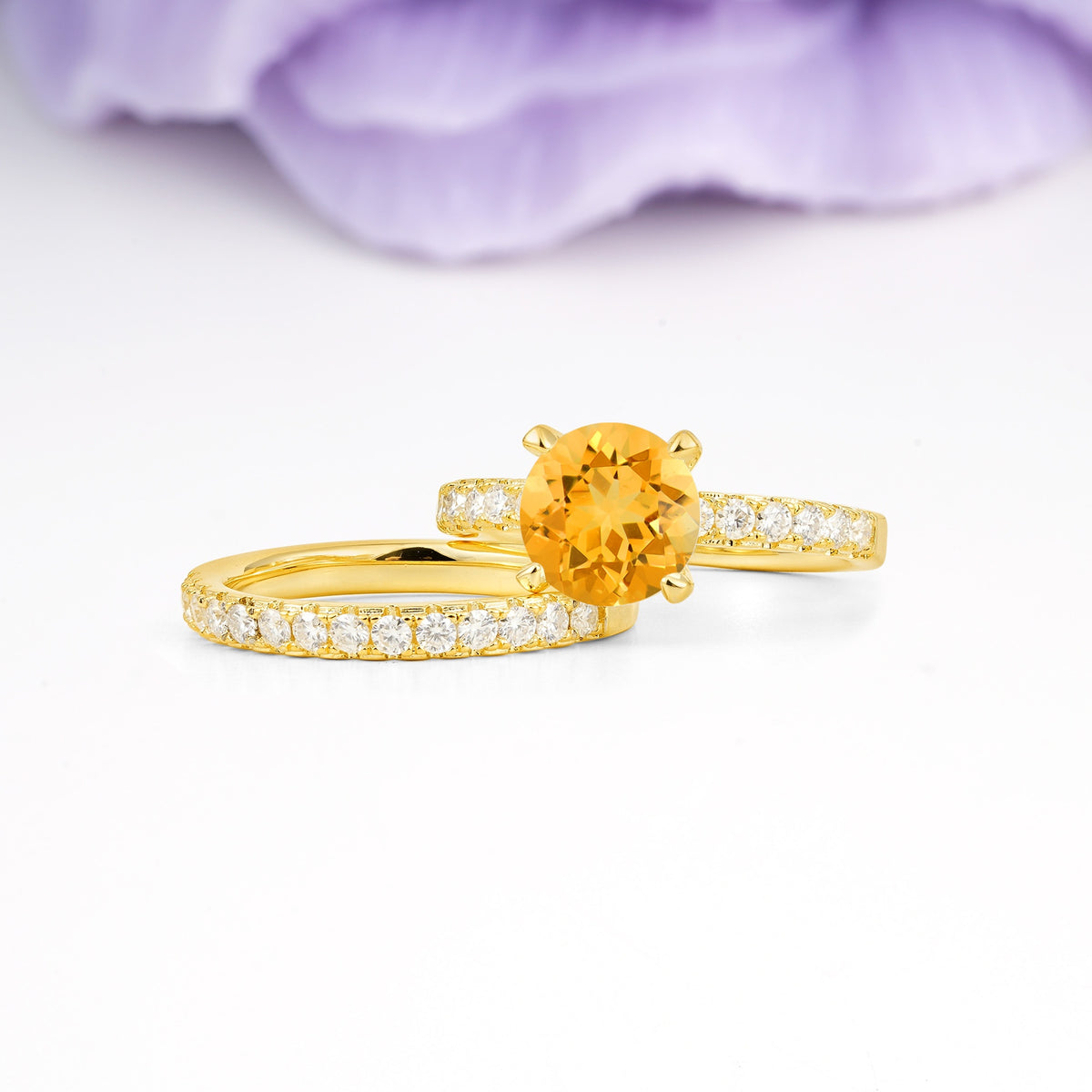 Luxurious and Dazzling 4 Prong Round Cut Citrine Bridal Ring Set - Rose-Gold