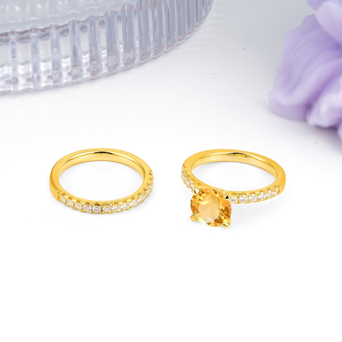 Luxurious and Dazzling 4 Prong Round Cut Citrine Bridal Ring Set - White-Gold