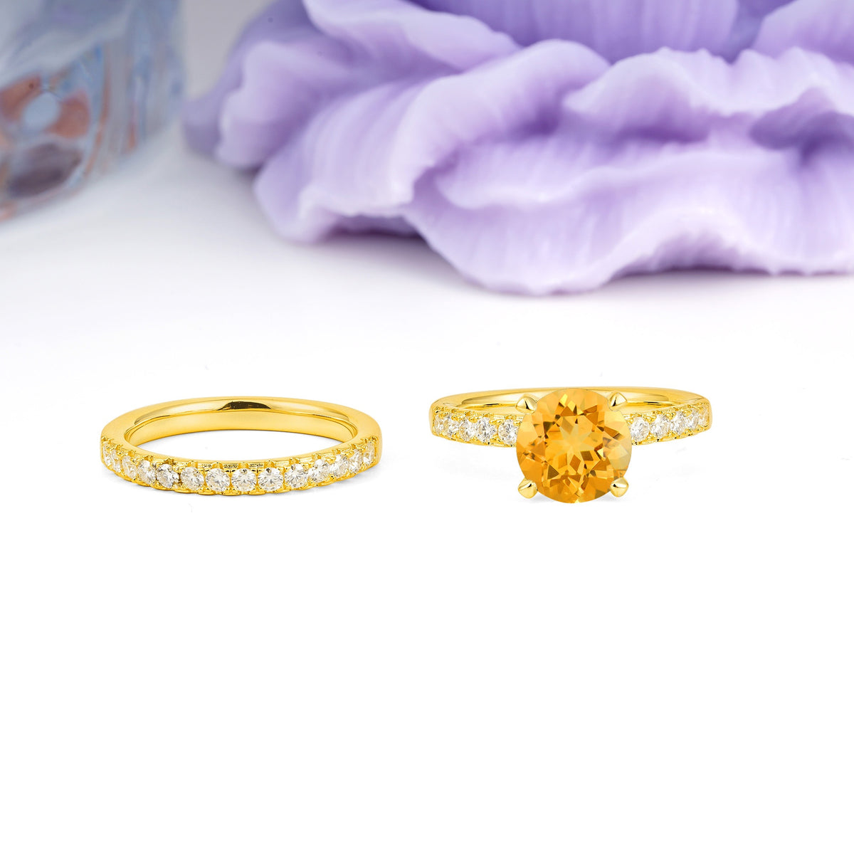 Luxurious and Dazzling 4 Prong Round Cut Citrine Bridal Ring Set - Additional view