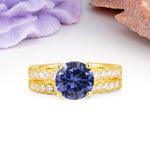 Luxurious and Dazzling 4 Prong Round Cut Tanzanite Bridal Ring Set - Yellow-Gold