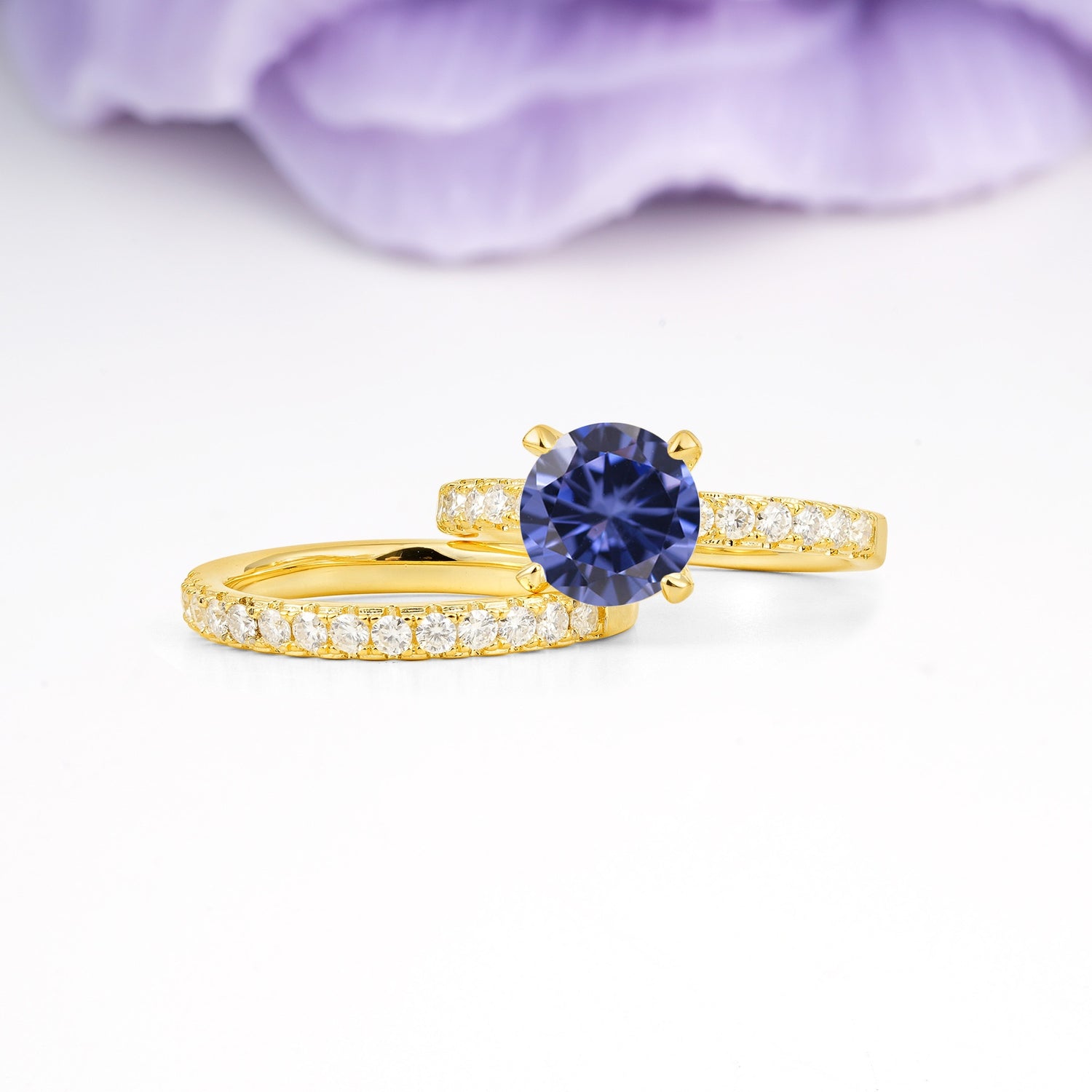Luxurious and Dazzling 4 Prong Round Cut Tanzanite Bridal Ring Set - Rose-Gold