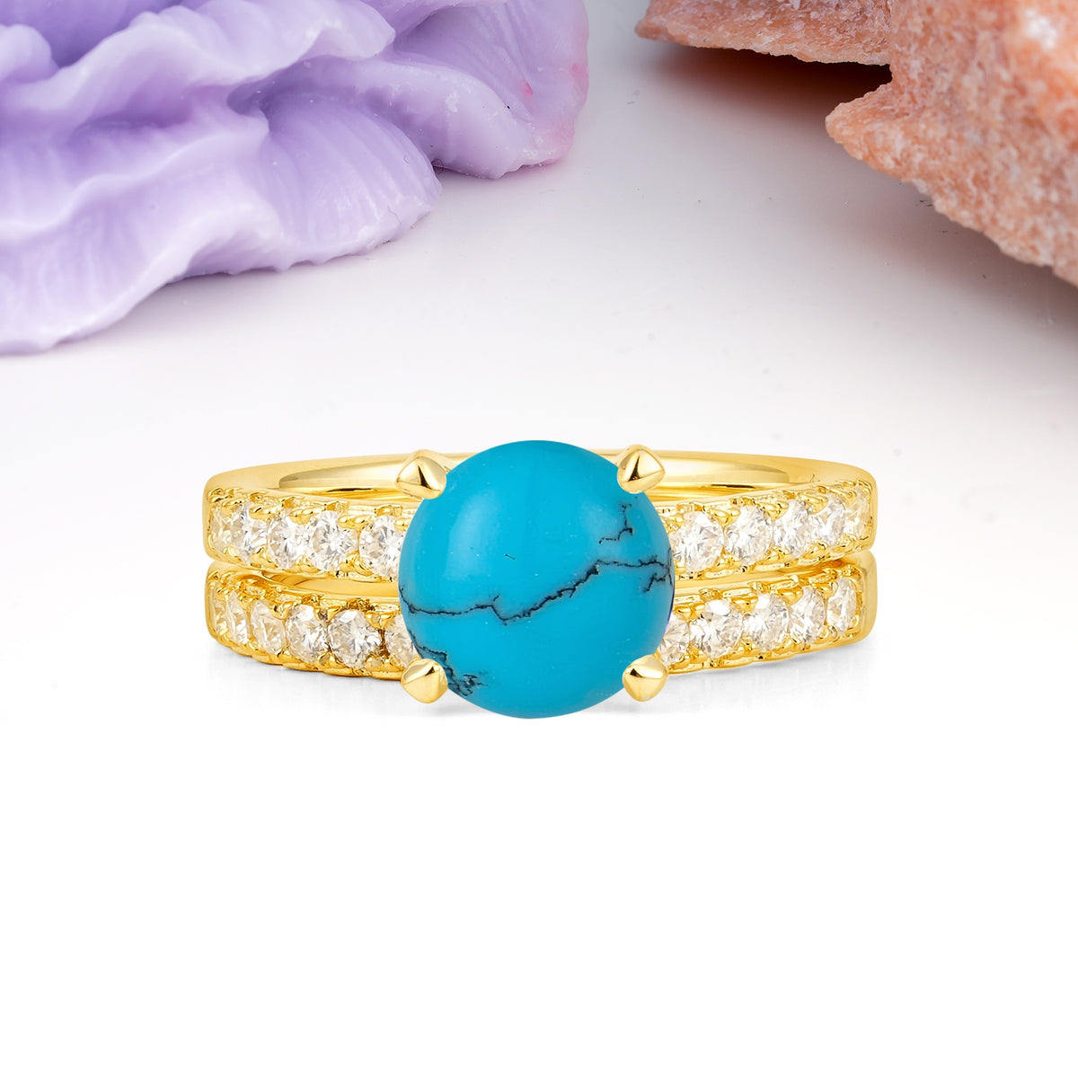 Luxurious and Dazzling 4 Prong Round Cut Turquoise Bridal Ring Set - Yellow-Gold