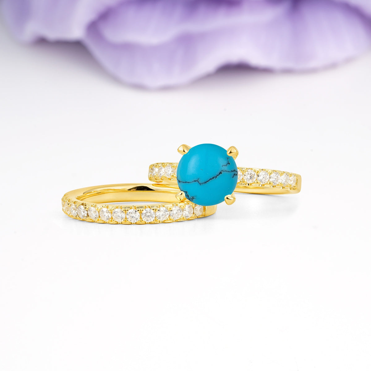 Luxurious and Dazzling 4 Prong Round Cut Turquoise Bridal Ring Set - Rose-Gold