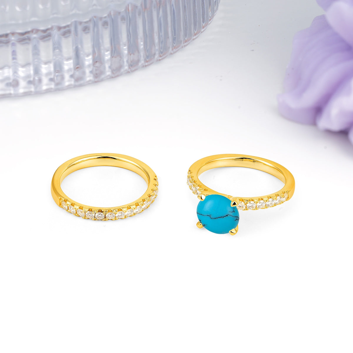 Luxurious and Dazzling 4 Prong Round Cut Turquoise Bridal Ring Set - White-Gold