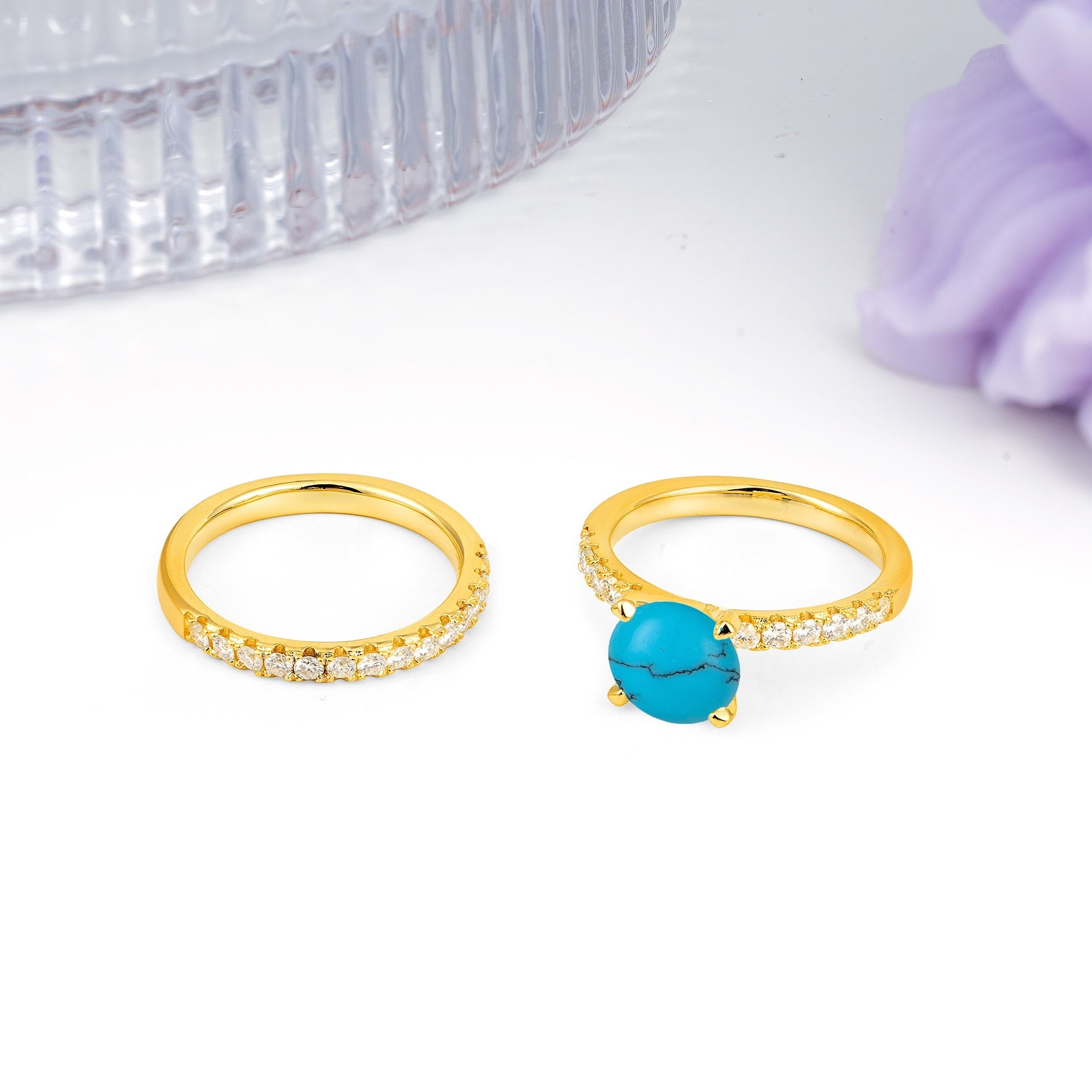 Luxurious and Dazzling 4 Prong Round Cut Turquoise Bridal Ring Set - White-Gold