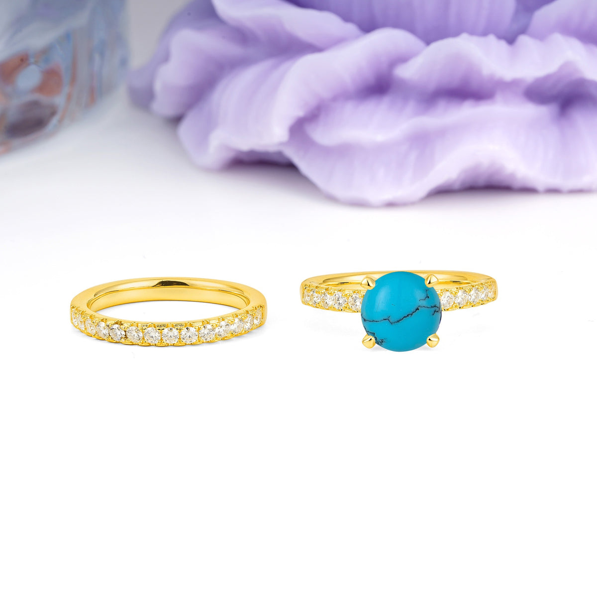 Luxurious and Dazzling 4 Prong Round Cut Turquoise Bridal Ring Set - Additional view