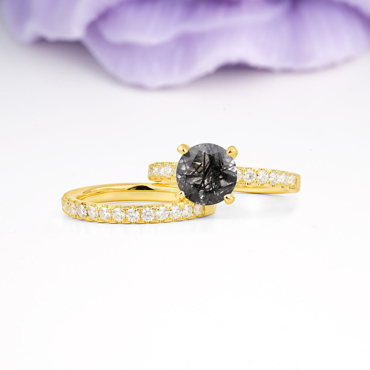Luxurious and Dazzling 4 Prong Round Cut Black Rutilated Quartz Bridal Ring Set - Rose-Gold