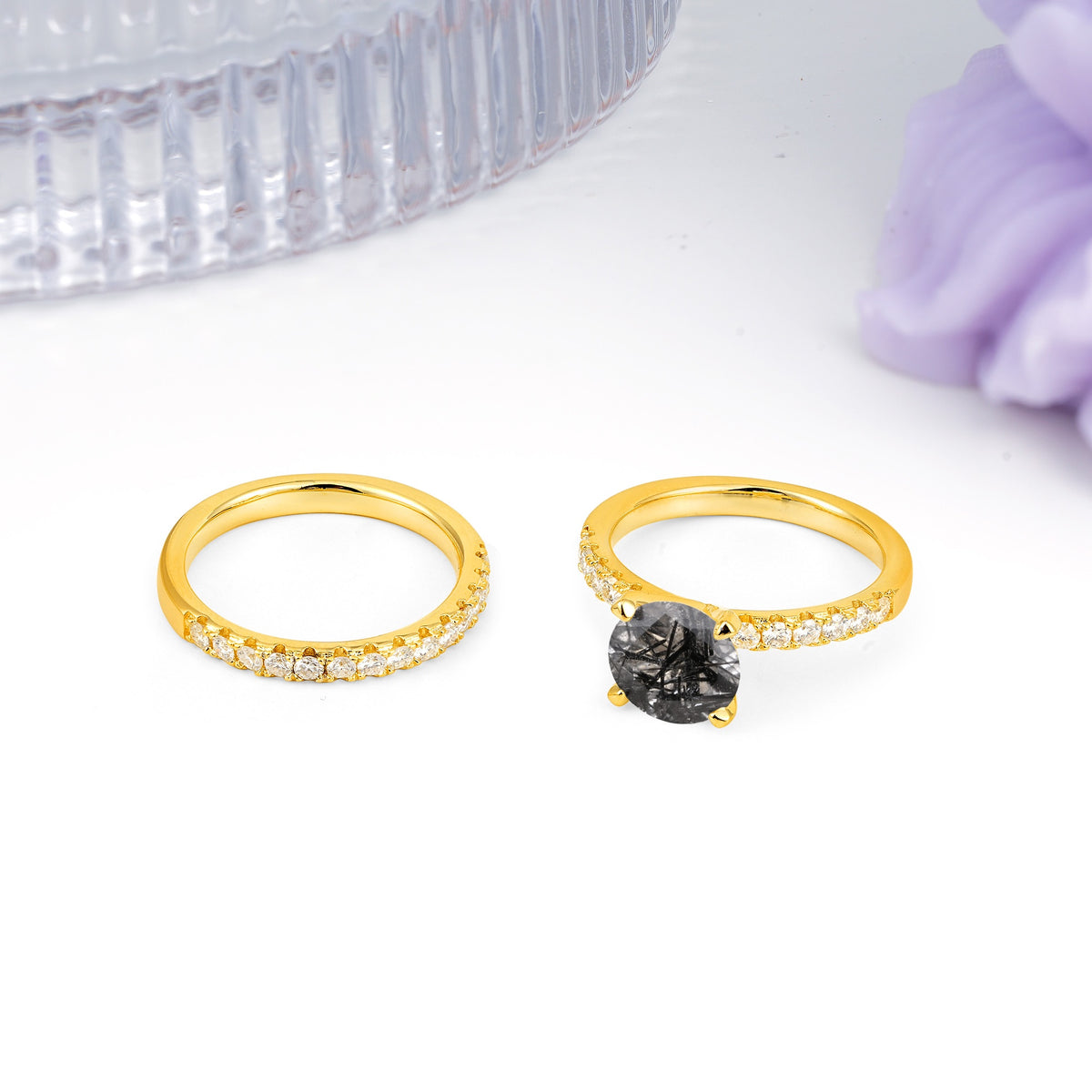 Luxurious and Dazzling 4 Prong Round Cut Black Rutilated Quartz Bridal Ring Set - White-Gold