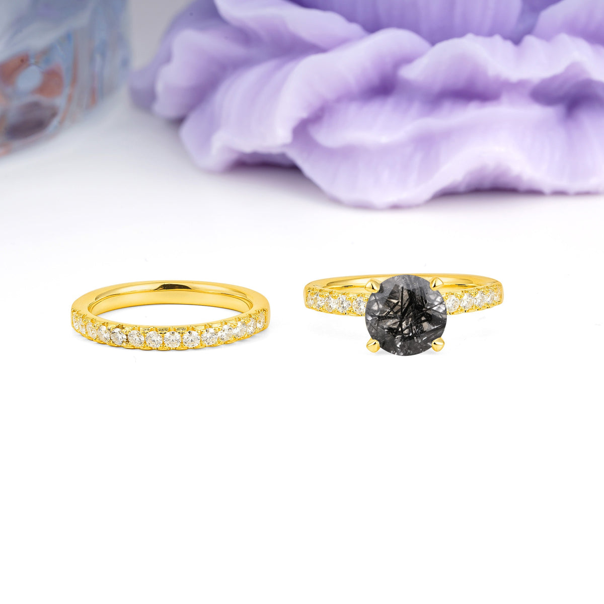 Luxurious and Dazzling 4 Prong Round Cut Black Rutilated Quartz Bridal Ring Set - Additional view