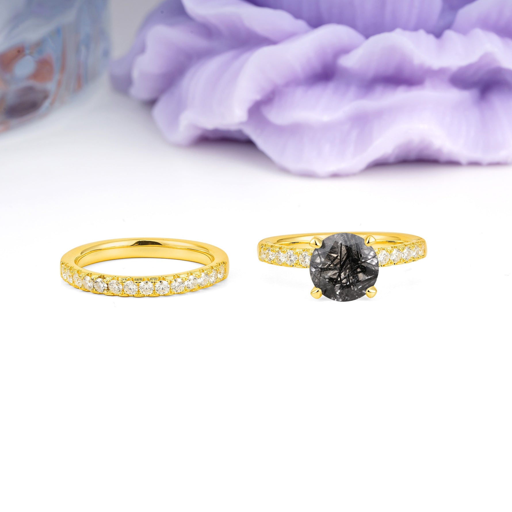Luxurious and Dazzling 4 Prong Round Cut Black Rutilated Quartz Bridal Ring Set - Additional view