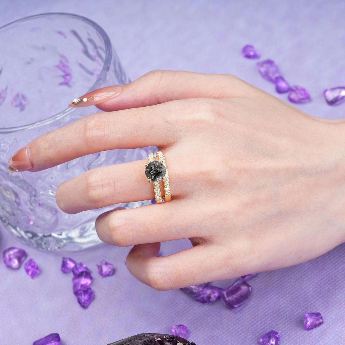 Luxurious and Dazzling 4 Prong Round Cut Black Rutilated Quartz Bridal Ring Set