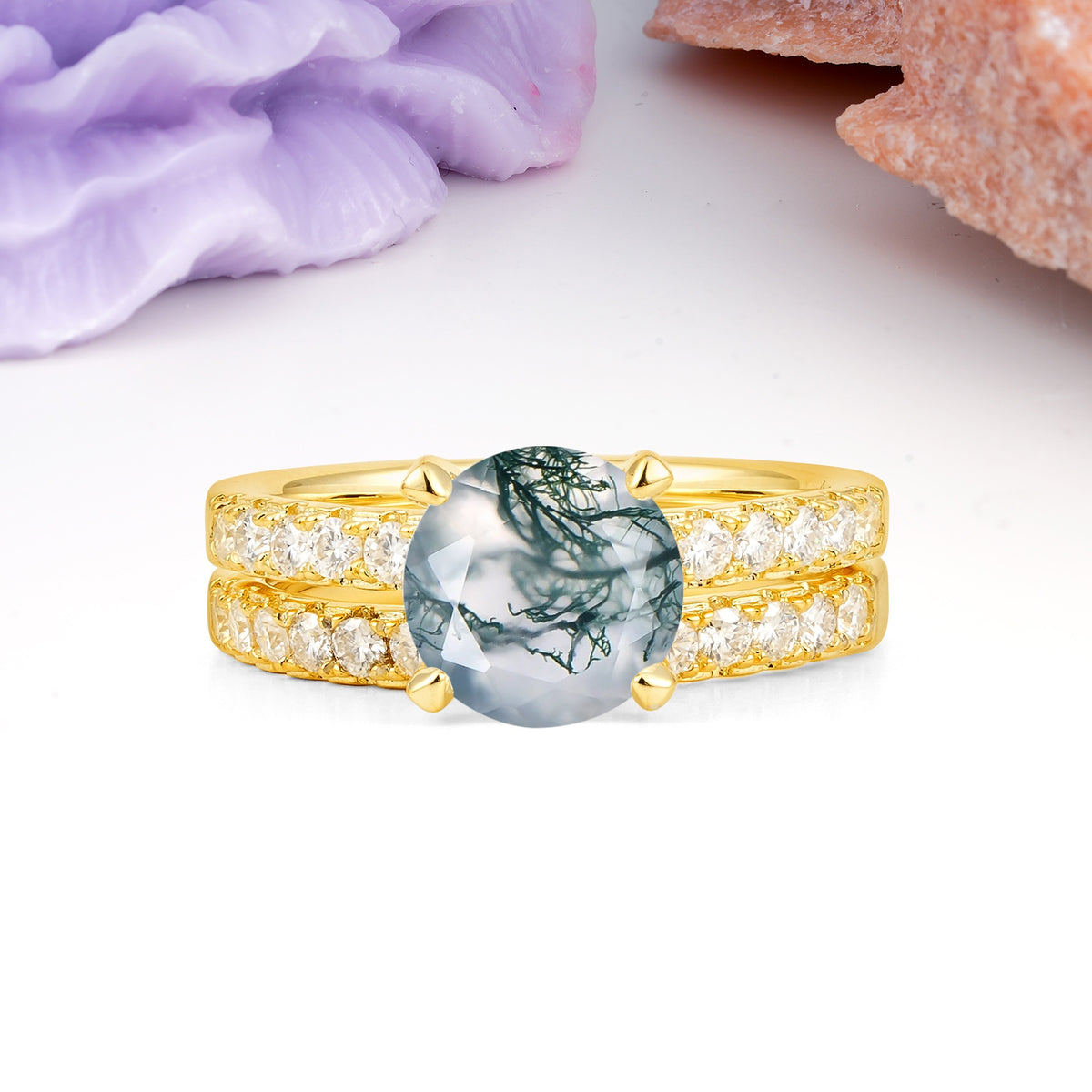Luxurious and Dazzling 4 Prong Round Cut Moss Agate Bridal Ring Set - Yellow-Gold