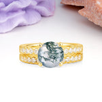Luxurious and Dazzling 4 Prong Round Cut Moss Agate Bridal Ring Set - Yellow-Gold
