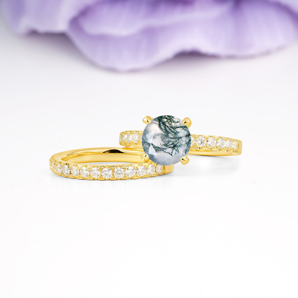 Luxurious and Dazzling 4 Prong Round Cut Moss Agate Bridal Ring Set - Rose-Gold