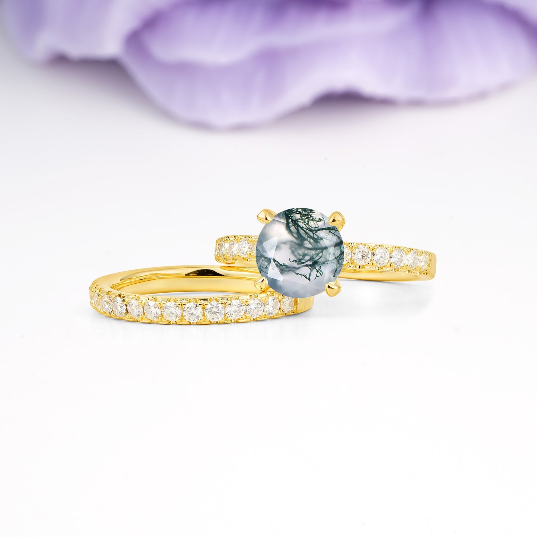Luxurious and Dazzling 4 Prong Round Cut Moss Agate Bridal Ring Set - Rose-Gold
