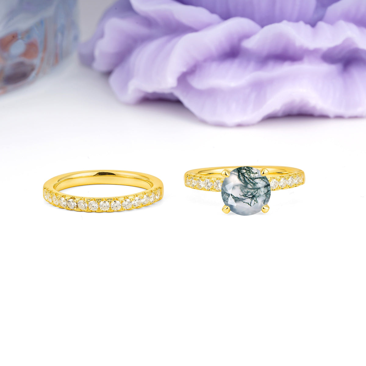 Luxurious and Dazzling 4 Prong Round Cut Moss Agate Bridal Ring Set - Additional view