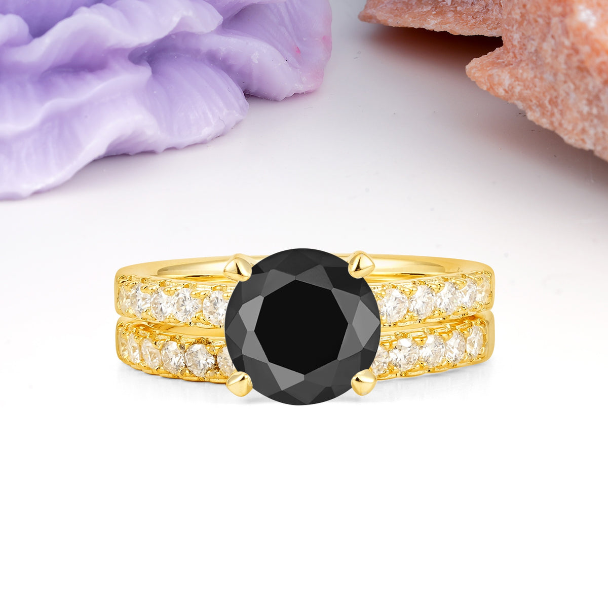 Luxurious and Dazzling 4 Prong Round Cut Black Onyx Bridal Ring Set - Yellow-Gold