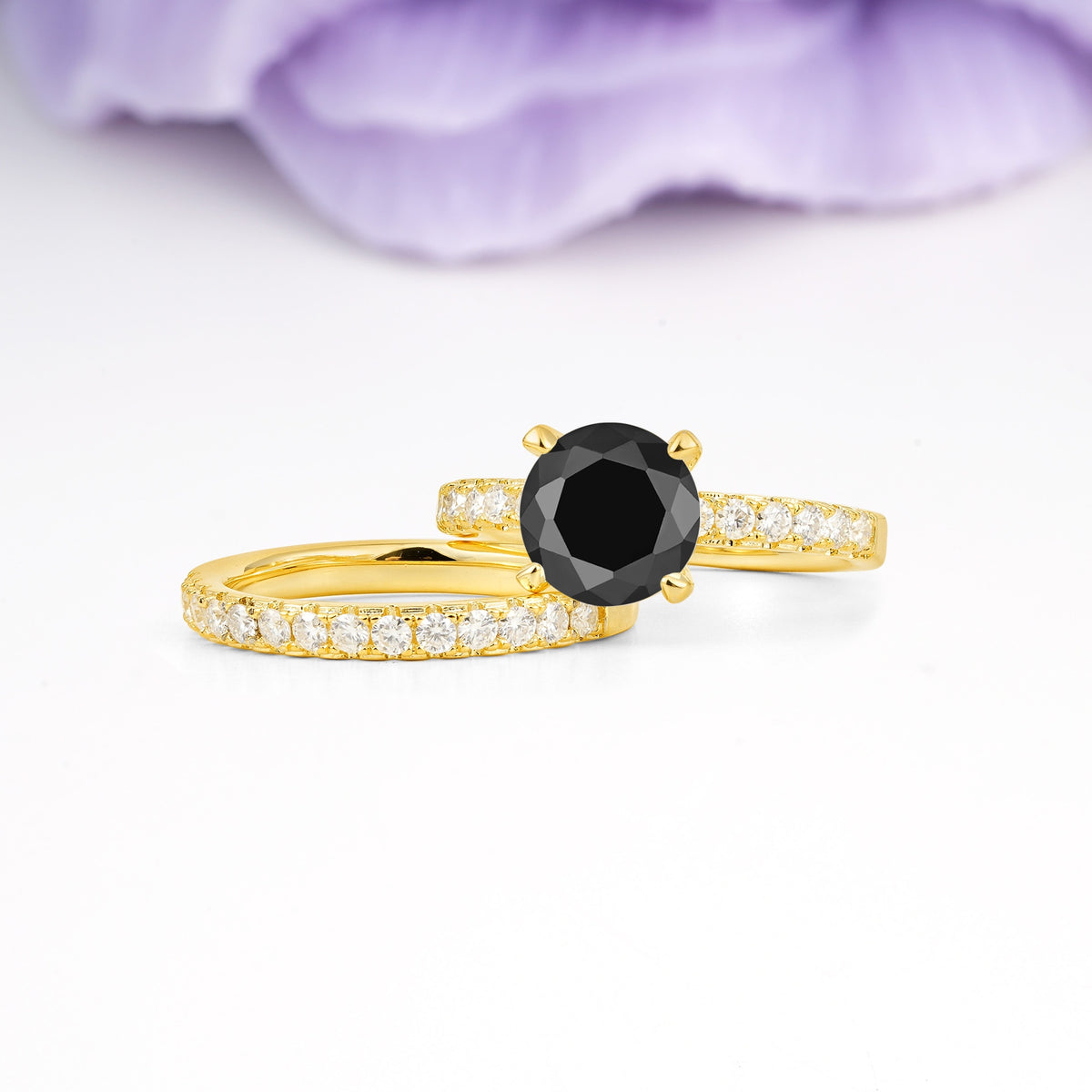 Luxurious and Dazzling 4 Prong Round Cut Black Onyx Bridal Ring Set - Rose-Gold