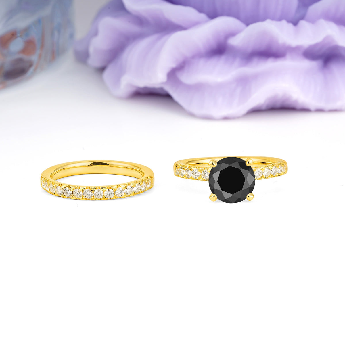 Luxurious and Dazzling 4 Prong Round Cut Black Onyx Bridal Ring Set - Additional view