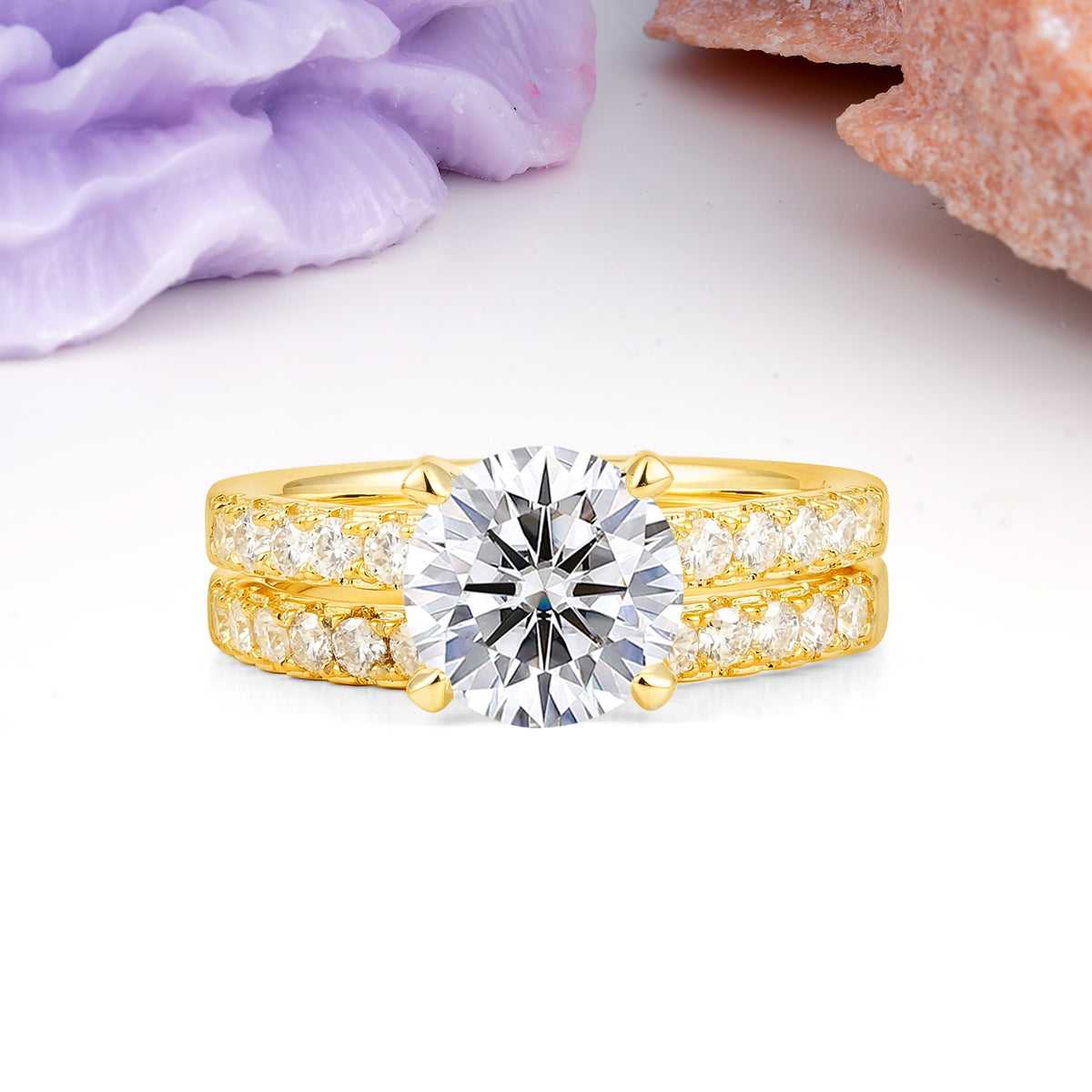 Luxurious and Dazzling 4 Prong Round Cut Lab Diamond Bridal Ring Set - Yellow-Gold