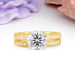Luxurious and Dazzling 4 Prong Round Cut Lab Diamond Bridal Ring Set - Yellow-Gold