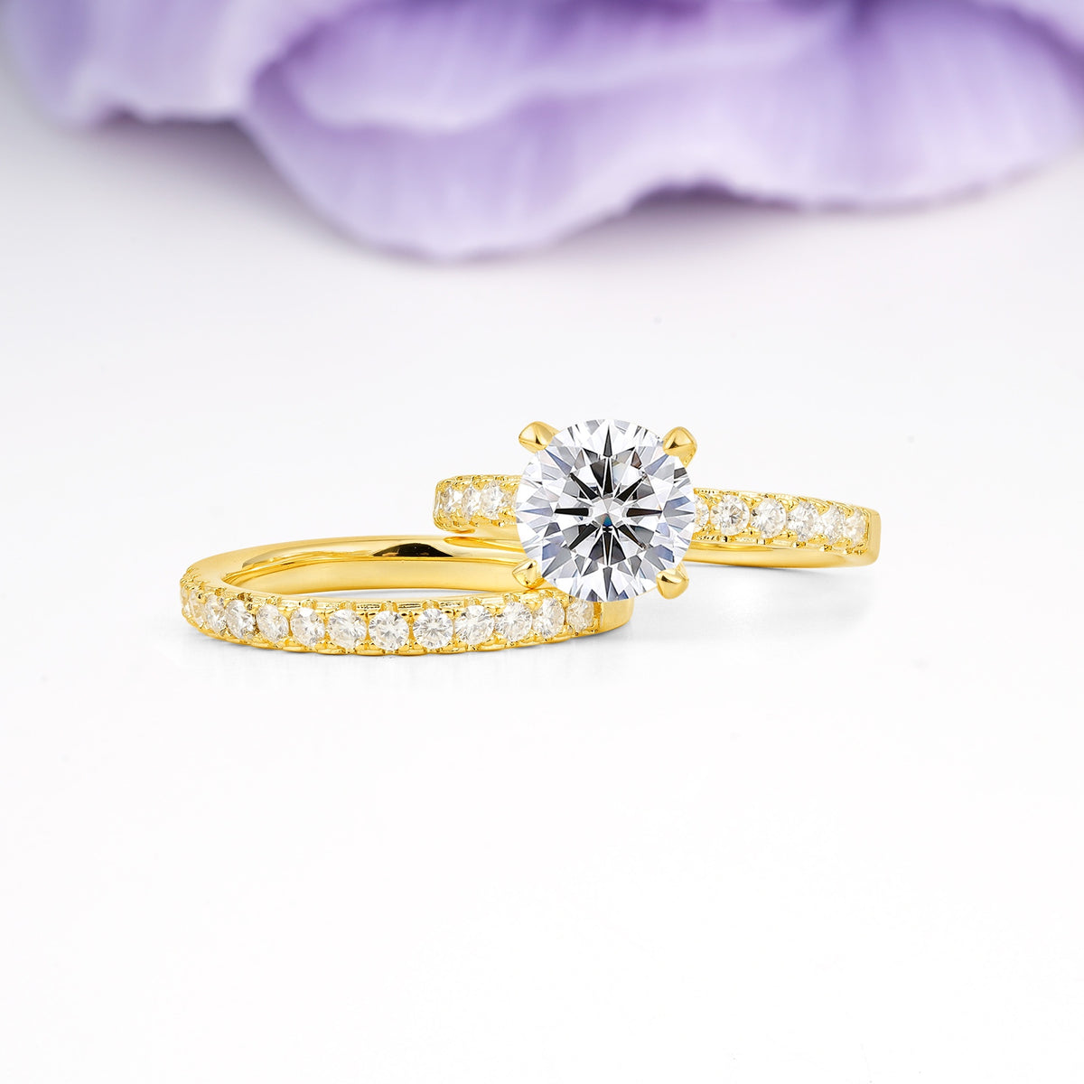 Luxurious and Dazzling 4 Prong Round Cut Lab Diamond Bridal Ring Set - Rose-Gold