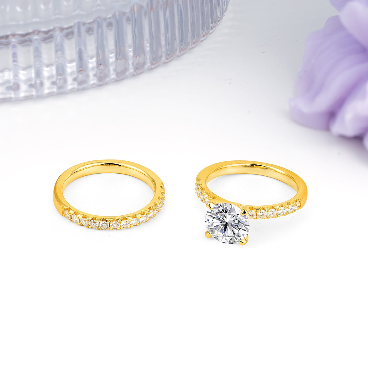 Luxurious and Dazzling 4 Prong Round Cut Lab Diamond Bridal Ring Set - White-Gold