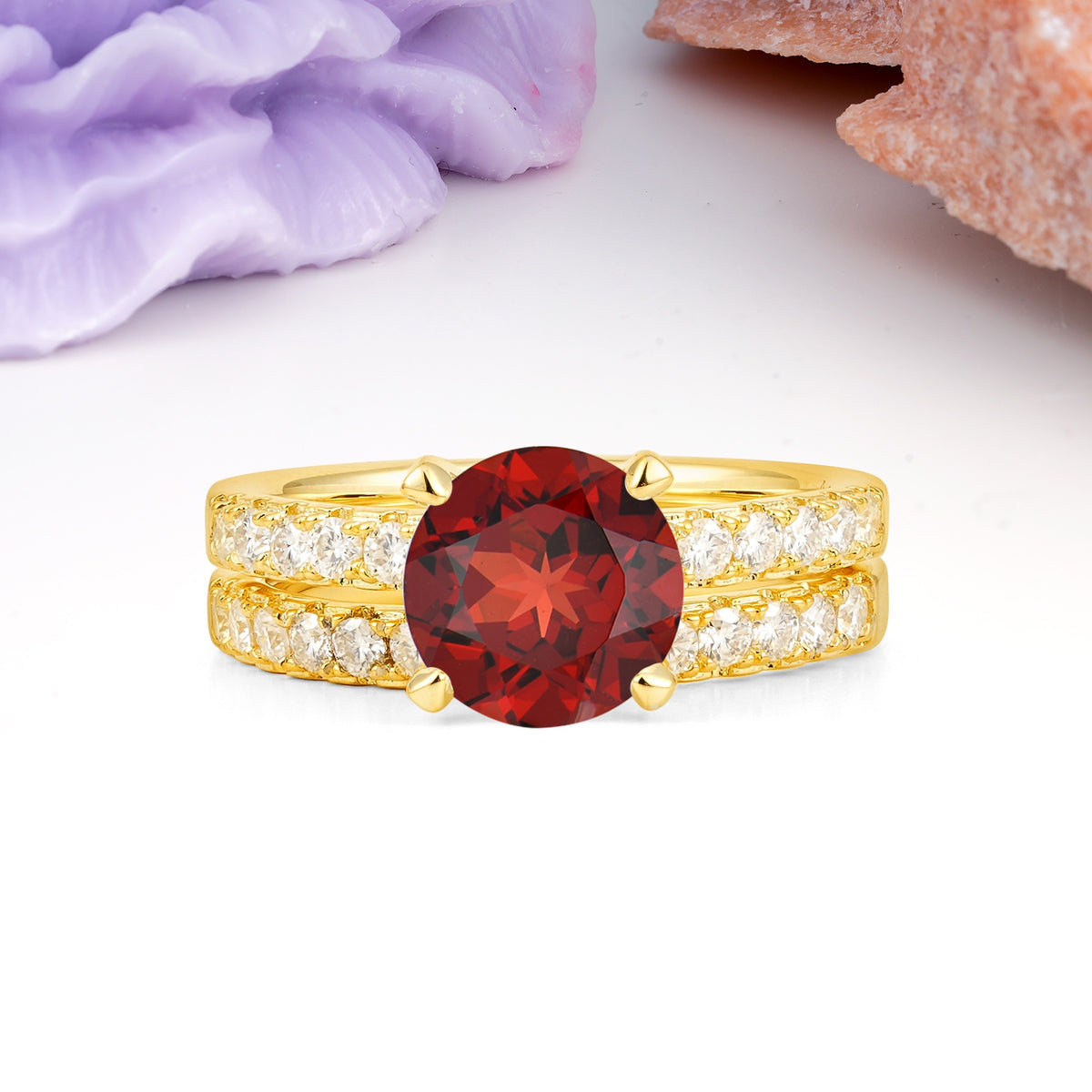 Luxurious and Dazzling 4 Prong Round Cut Garnet Bridal Ring Set - Yellow-Gold