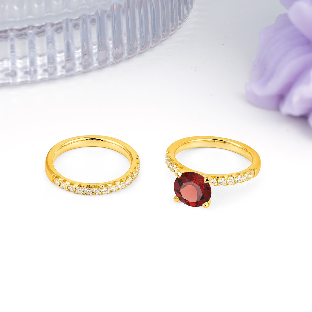 Luxurious and Dazzling 4 Prong Round Cut Garnet Bridal Ring Set - White-Gold