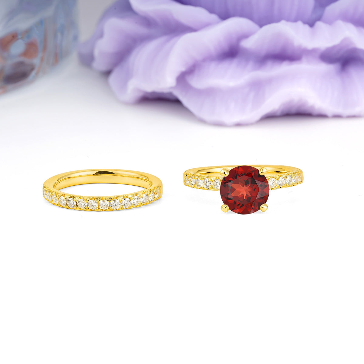 Luxurious and Dazzling 4 Prong Round Cut Garnet Bridal Ring Set - Additional view