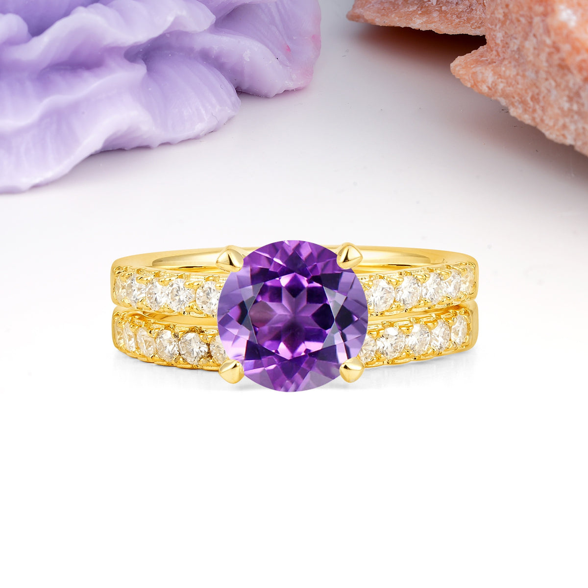 Luxurious and Dazzling 4 Prong Round Cut Amethyst Bridal Ring Set - Yellow-Gold